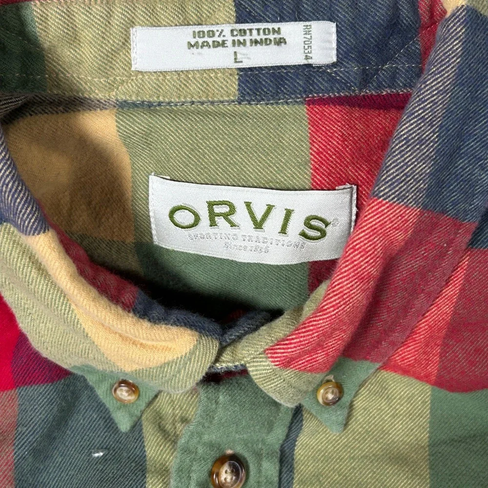 Orvis Flannel Shirt Mens Large Bright Buffalo Plaid Button Down Cotton Twill